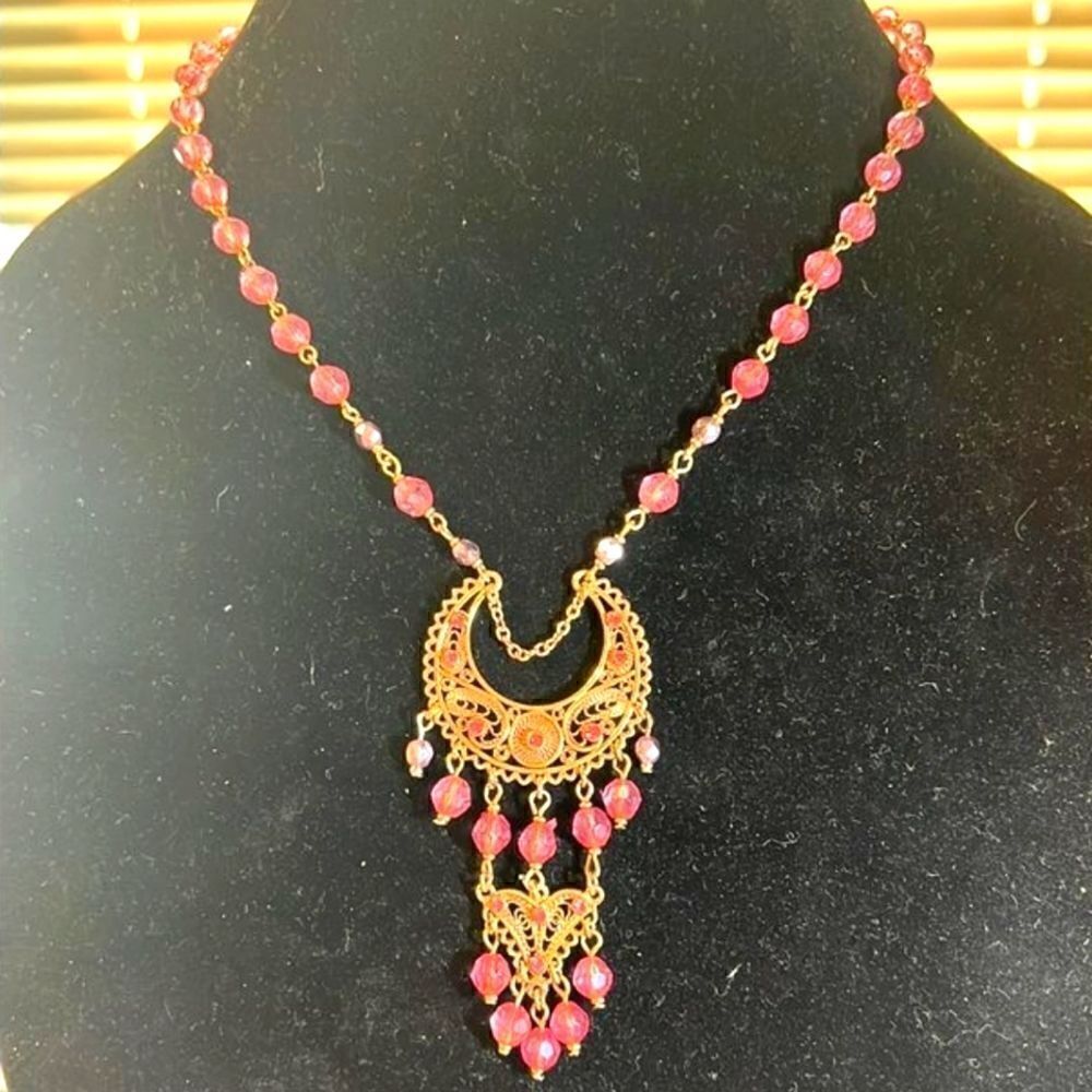 Half Moon and Pink Bead Accent Gold toned Necklace